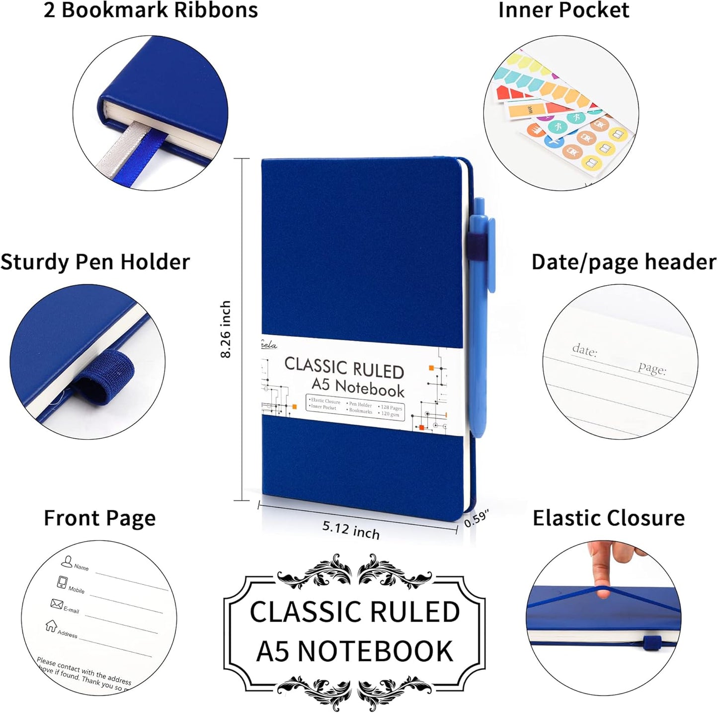 feela 3 Pack Notebooks Journals Bulk with 3 Black Pens, A5 Hardcover Notebook Classic Ruled Lined Journal Set with Pen Holder for Work Business Journaling Note Taking, 120 GSM, 5.1”x8.3”, Navy