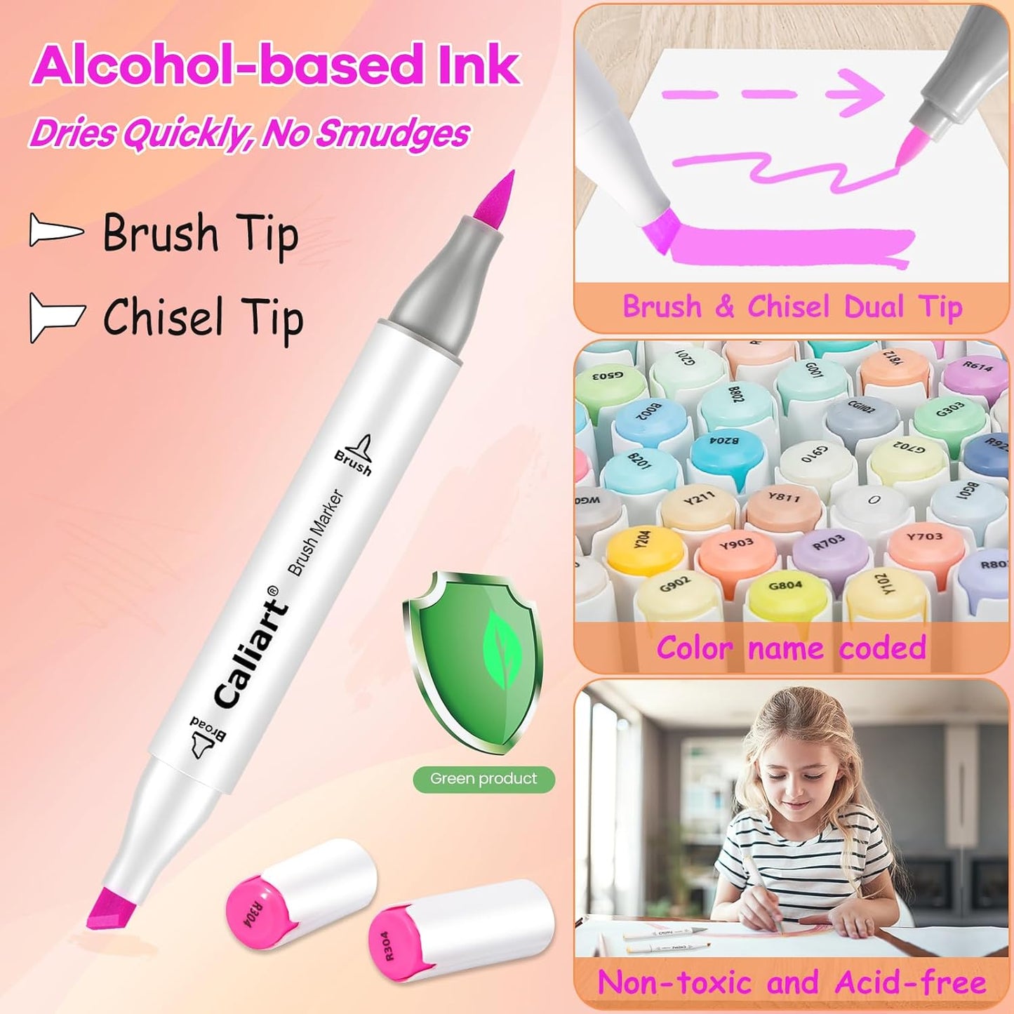 Caliart Alcohol Markers Brush Tip, 51 Colors Dual Tip Artists Coloring Markers Set Brush & Chisel, Permanent Alcohol Based Colored Sketch Pens, Art Supplies Gifts for Adults Drawing Illustration