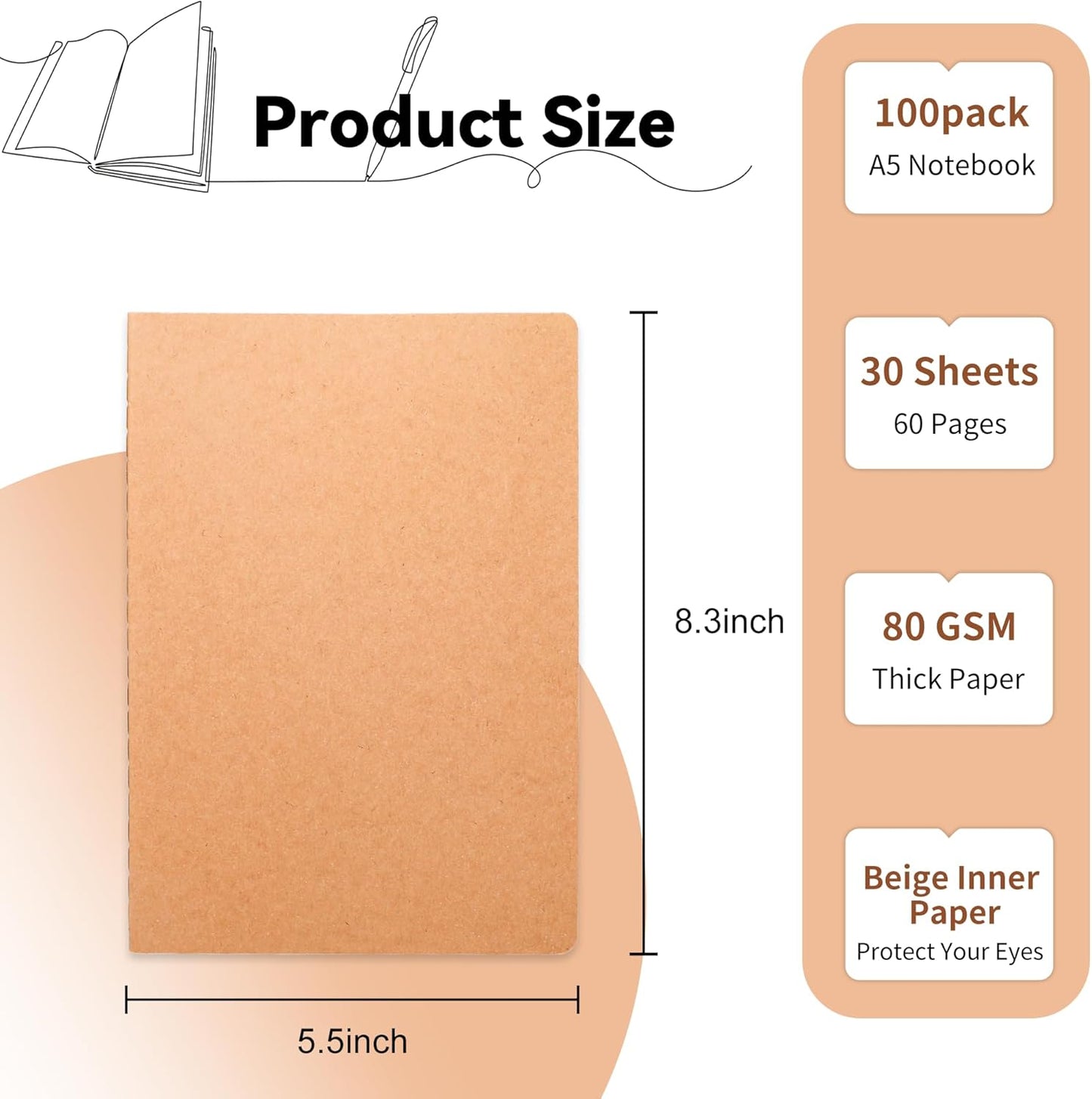 100 Pack Blank Kraft Notebooks, 8.3x5.5 Inches A5 Small Journals Bulk Blank Notebooks 80 Gsm Unlined with 60 Pages A5 Subject Notebooks Traveler Journal Set for Adult Students Back to School Supplies