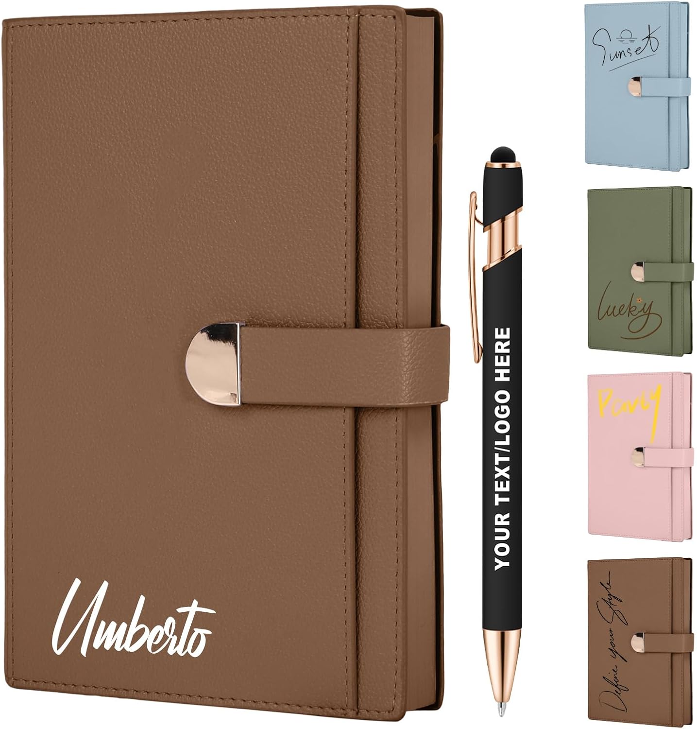 ENOMY Personalized A5 Notebook &10 PC Pens Set Custom Notebook 300 Pages Personalized Journal with Storage Pocket for Writing College Office Business Gift, Brown