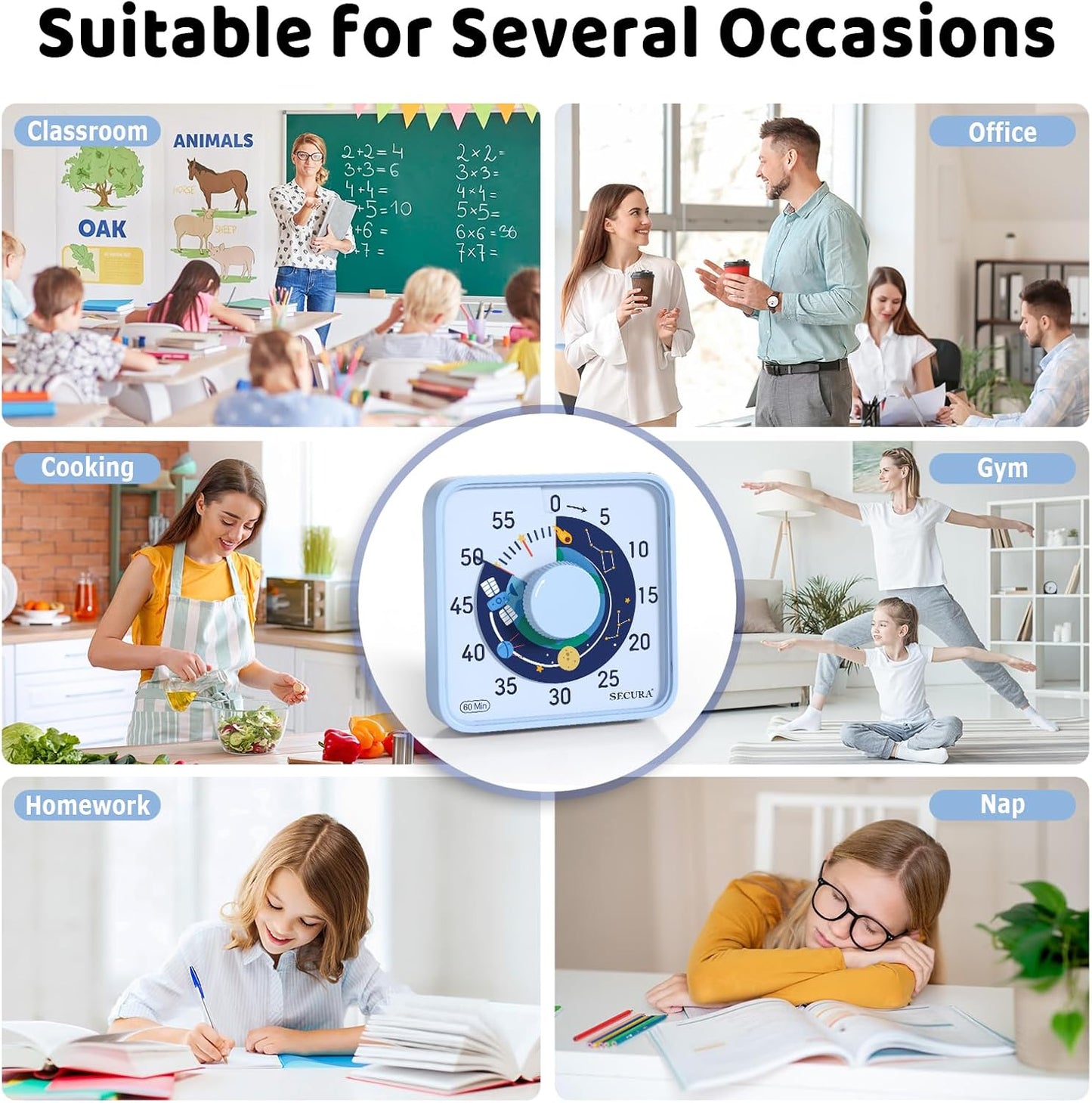 Secura 7.5-Inch Satellite Pattern Visual Timer for Kids, 60-Minute Countdown Timer for Classroom or Kitchen, Durable Mechanical Timer Clock with Magnetic Backing (Light Blue)
