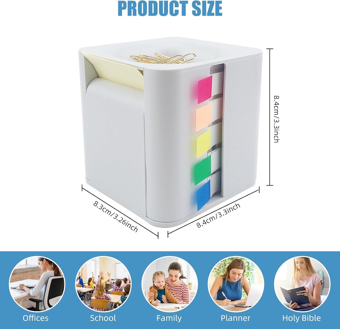 Sticky Note Holder and Dispenser with Magnetic Paper Clip Holder, 3x3 Pop-Up Note and Annotation Labels,Full Adhesive Note Roll Desktop Organizer.5-in-1 Multi-Function Standing Sticky Note Box(White)