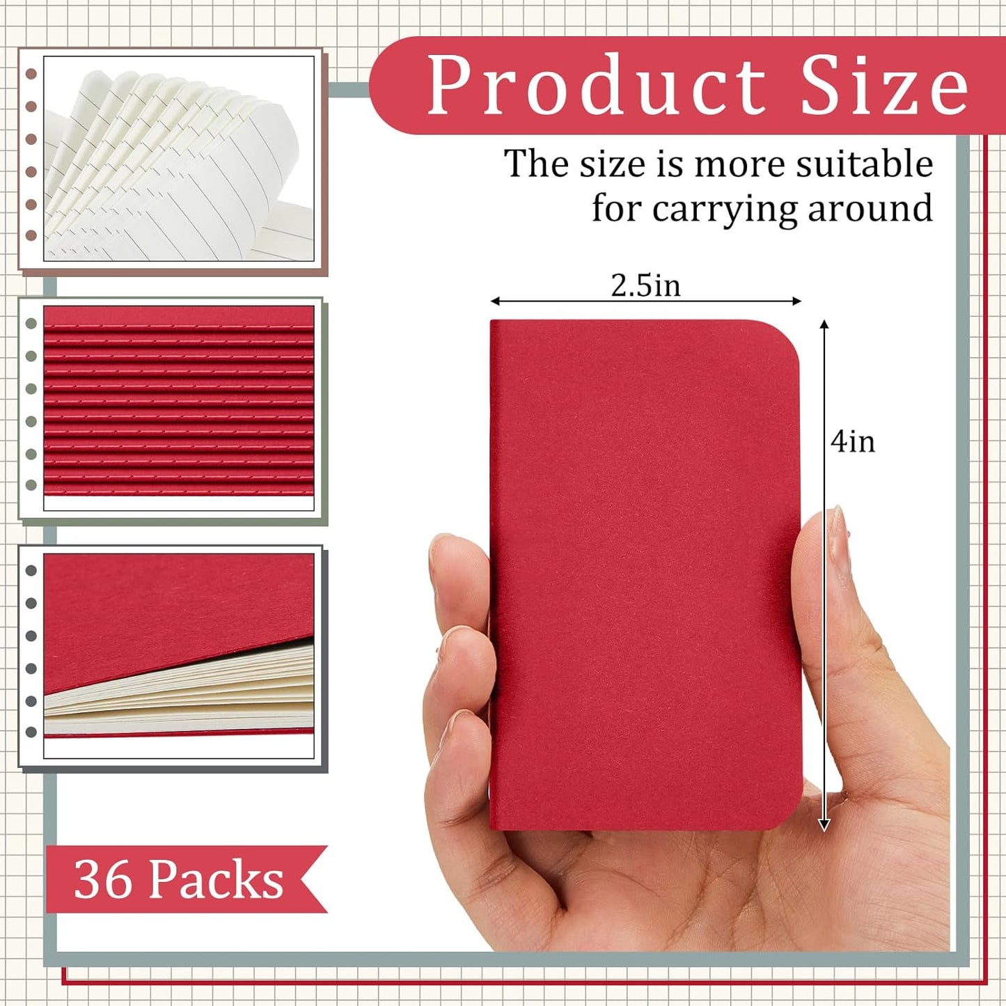 Outus 36 Pcs Pocket Notebook Mini Journal 2.5" x 4" Kraft Paper Mini Notepad Bulk Softcover Pocket Notepad Memo Diary Subject Notebooks for Student Travel School (Red,Blank Cover)