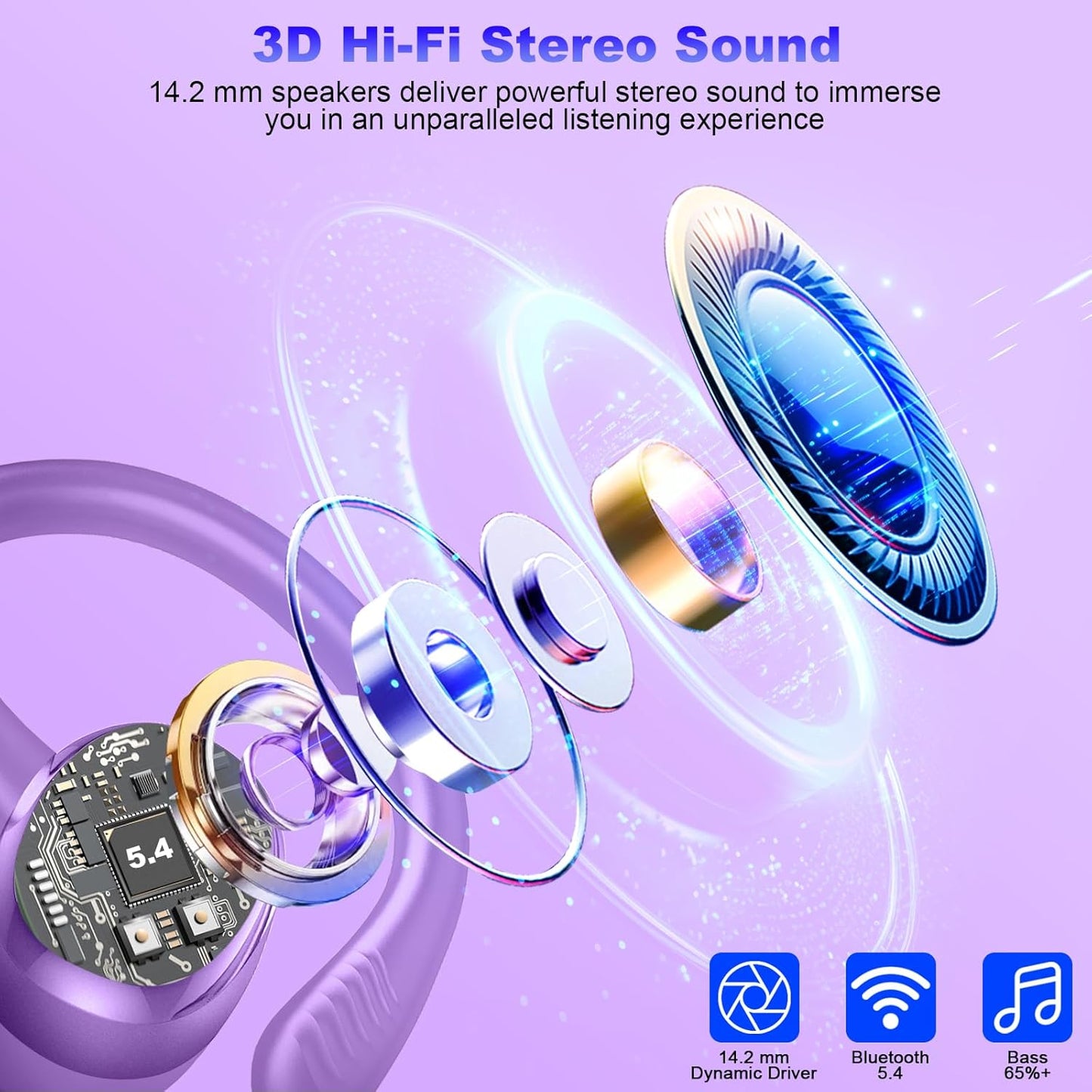 Wireless Earbuds Sport, New Bluetooth 5.4 Headphones with Earhooks, 50H Stereo Deep Bass Over Ear Buds with 4 ENC Noise Canceling Mics, IP7 Waterproof Earphones for Running Workout Gym -Purple