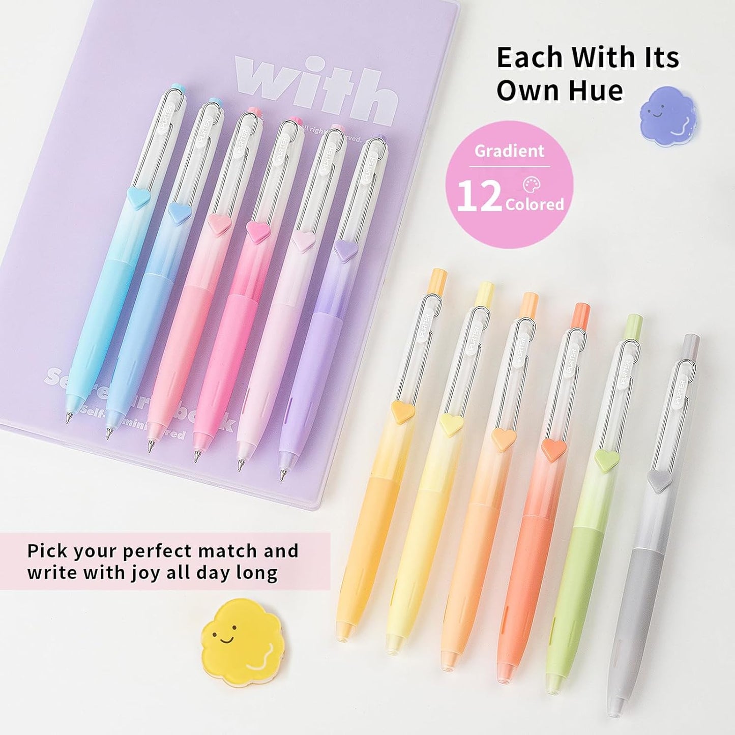 12 Pack 0.5mm Gel Pens, Gradient Barrel with Multicolor Ink, Metal Clip & Heart Charm, Soft Grip, Visible Ink Window, Smooth Quick-Dry Writing for School, Office, Journaling, Gifts