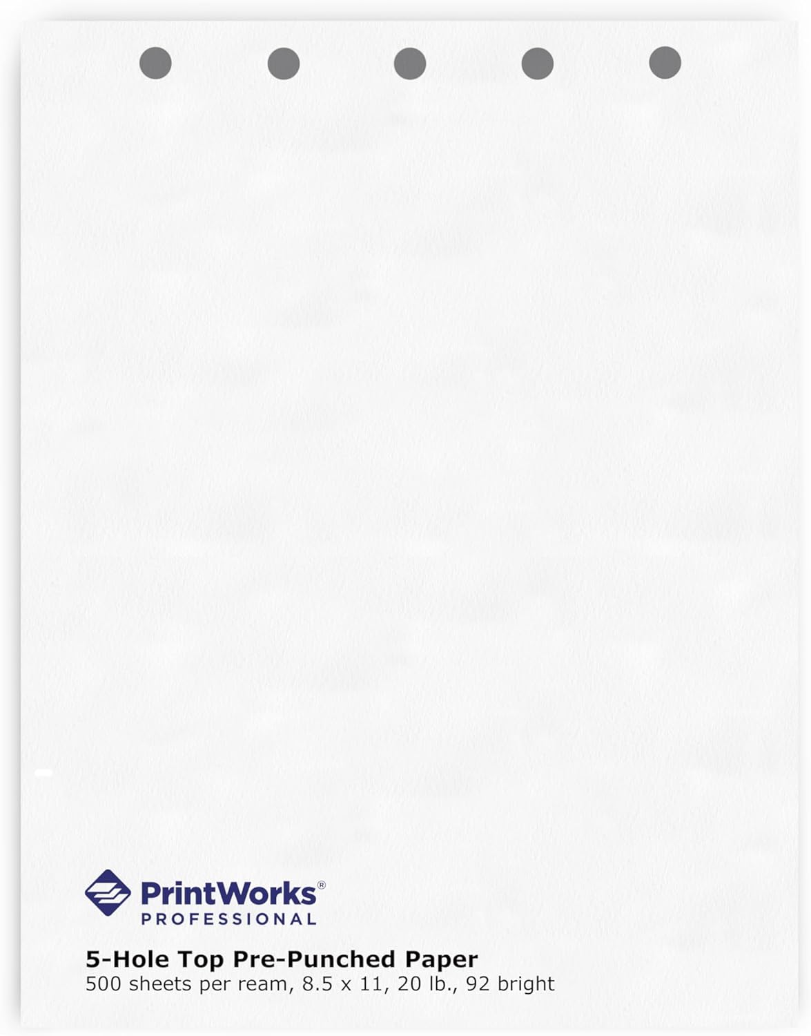 PrintWorks Professional 5 Hole Punch Top Paper - Pre-Punched for Folders, Binders, & Clipboards - Made in the USA - 500 Sheets - 8.5" x 11" - 20 lb - 92 Bright White (04108)