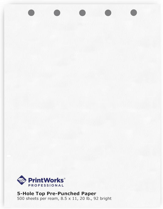 PrintWorks Professional 5 Hole Punch Top Paper - Pre-Punched for Folders, Binders, & Clipboards - Made in the USA - 500 Sheets - 8.5" x 11" - 20 lb - 92 Bright White (04108)