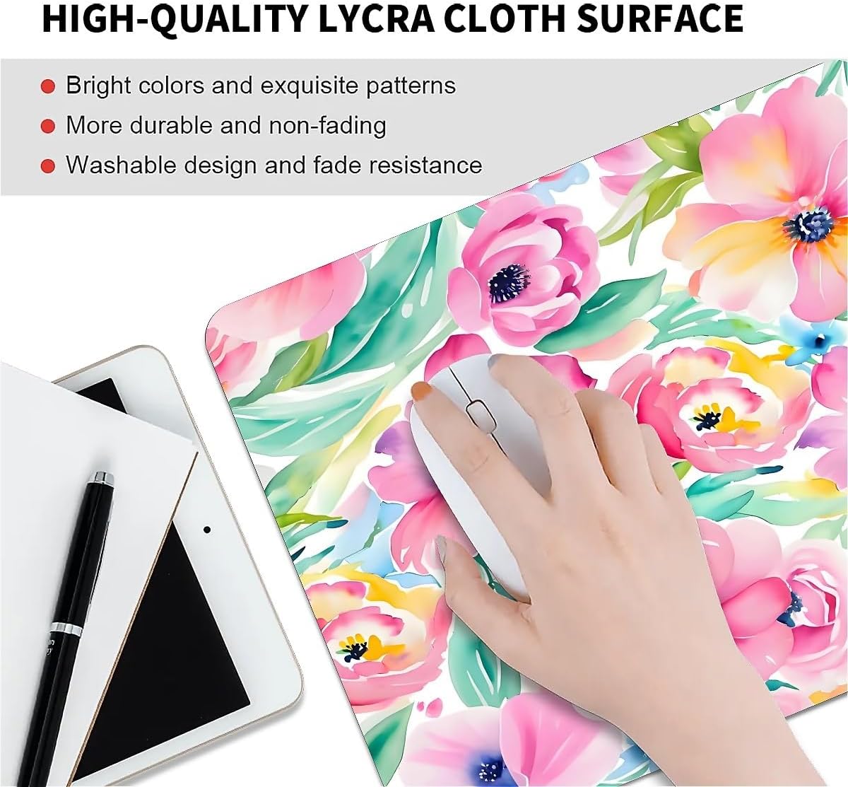 Square Mouse Pad Watercolor Flowers Plants, Personalized Premium-Textured Custom Mouse Mat Design, Washable Mousepad Cloth, Non-Slip Rubber Base Computer Mouse Pads for Wireless Mouse