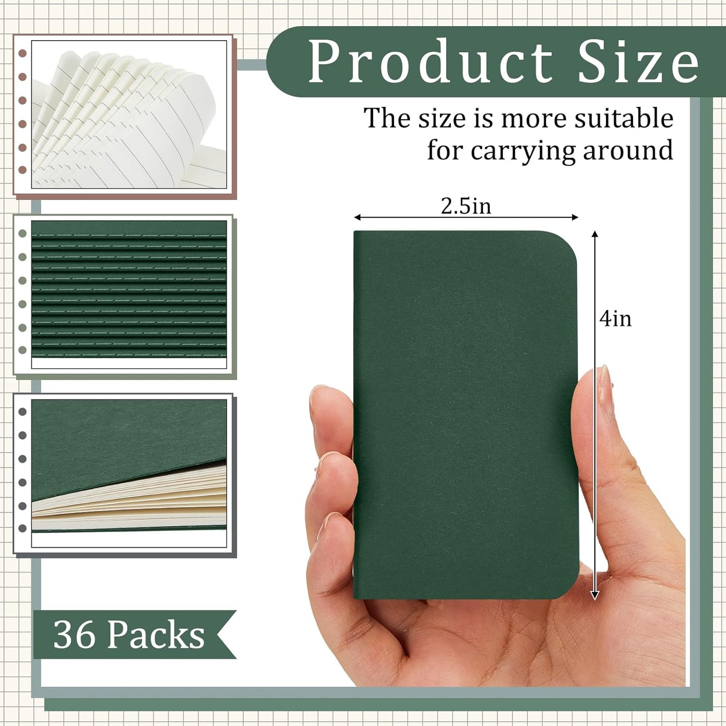 Outus 36 Pcs Pocket Notebook Mini Journal 2.5" x 4" Kraft Paper Mini Notepad Bulk Softcover Pocket Notepad Memo Diary Subject Notebooks for Student Traveler School (Green,Blank Cover)