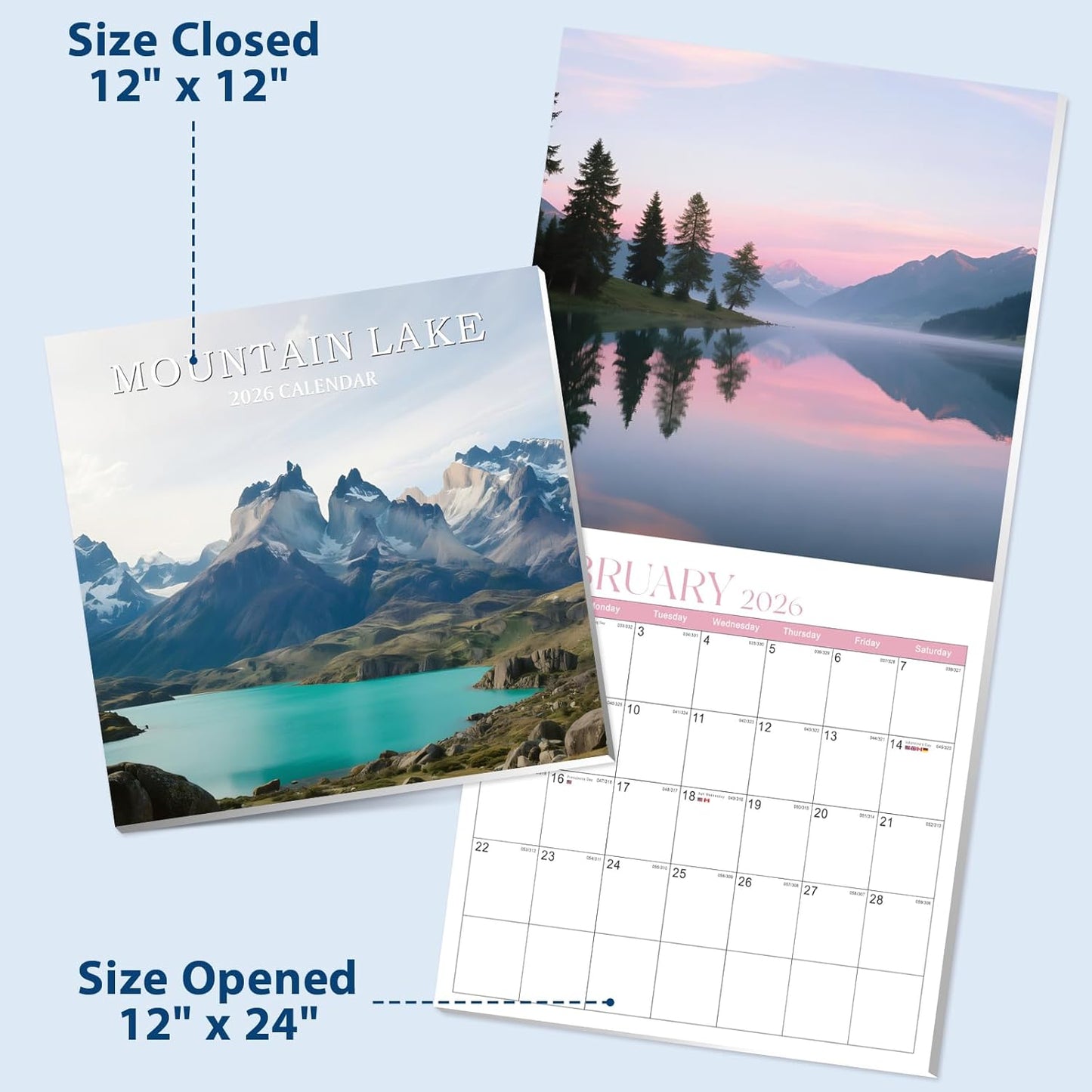2026 Calendar, 2026 Wall Calendar, Monthly Calendars 12 Month Mountain Lake 12" x 24" Opened, Thick Glossy Paper for Organizing Planning, Ideal for Home Office