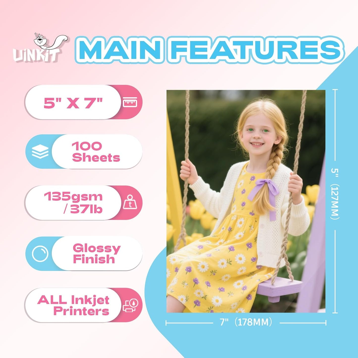 Uinkit 37lb 5x7 Glossy Photo Paper, 100 Sheets Picture Paper for Inkjet Printer, Instant Dry, for DIY Chip Bag, Flyers, Cards, Calendars and Brochures (5X7X100)