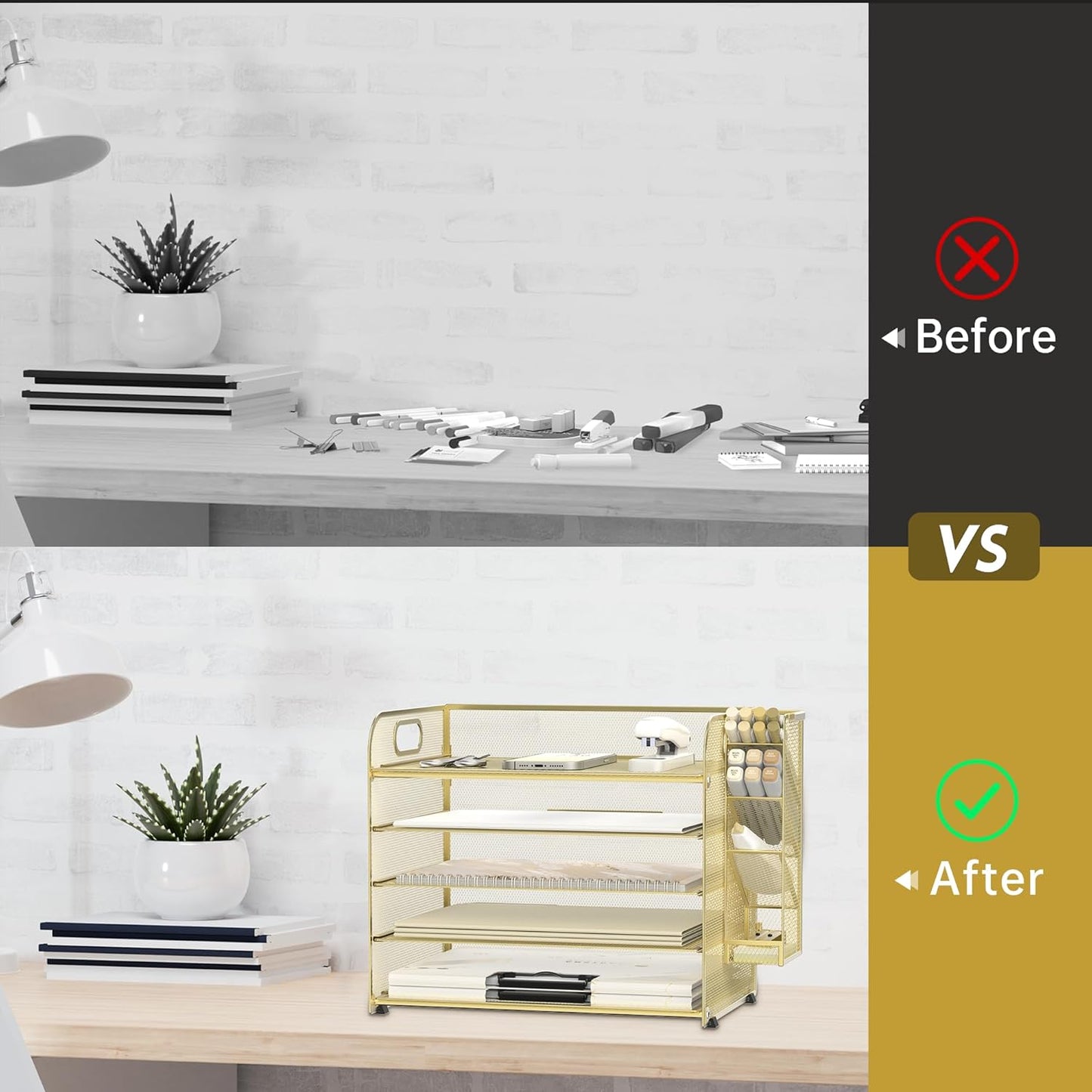 SUPEASY 5 Tier Desk Organizer with Handle & Removable Pen Holders, Mesh Paper/File Organizer for Desk, Paper Letter Tray Organizer for Office Supplies, Gold