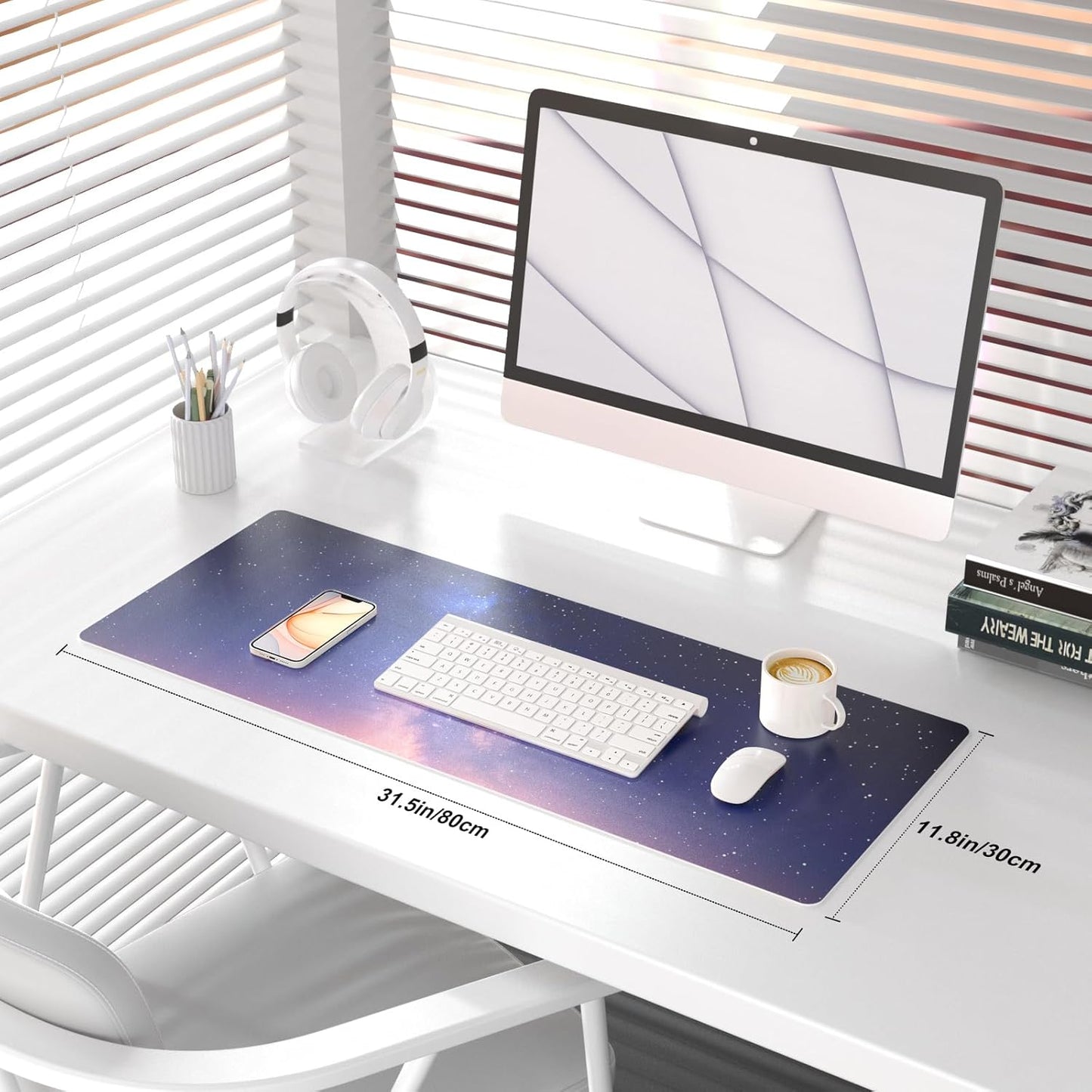 QIYI Desk Pad, Galaxy PU Leather Desk Blotter Protector, Waterproof Computer Desk Mat, Keyboard Mouse Pads, Non Slip Base Home & Office Accessories, Extended Large Size 31.5" x 11.8" - Starry Sky