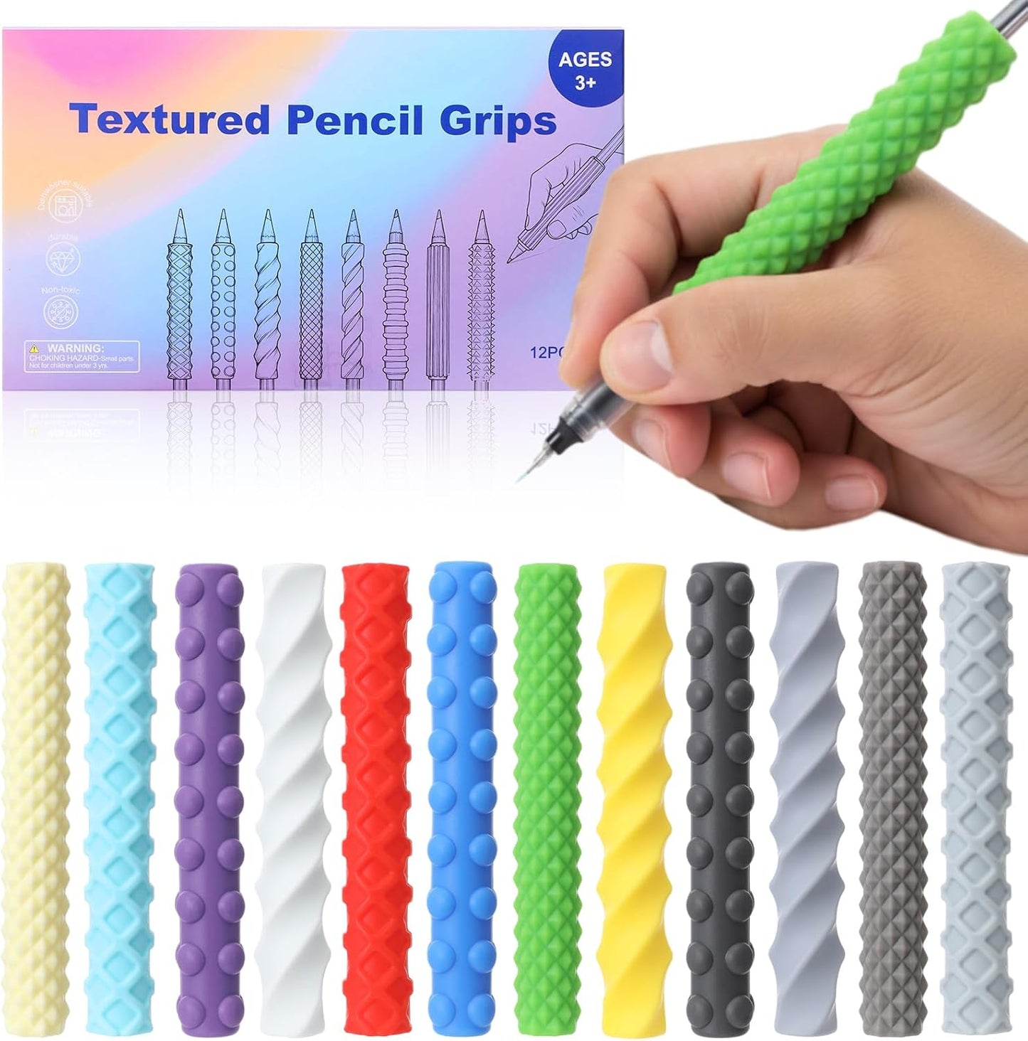 12 Pack Textured Silicone Pencil Grip for Adults Fidget Sensory Toys as ADHD Anxiety Focus Relief Tool Classroom Handwriting Pencil Sleeve Christmas Stocking Stuffers Gifts(Novelty)