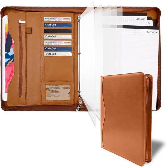 Padfolio Portfolio Folder Binder-Organizer Planner Notebook Zippered Portfolio Padfolio for Women & Men with Document Sleeve,Letter/A4 Size Clipboard,Business Card Holders (Brown-3)