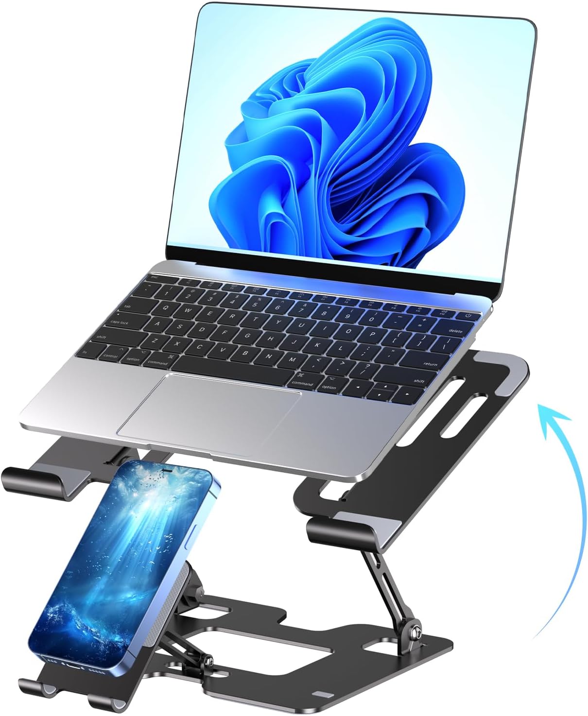 Ergonomic 2-in-1 Laptop Phone Stand for Desk, Adjustable Riser, Sturdy and Portable, Fits All Laptops and Phone (Black)