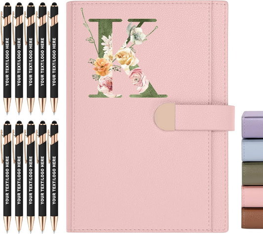 ENOMY Personalized Notebook &10 PC Stylus Pens Custom A5 Notebook with Storage Pocket Personalized Journal with Magnetic Closure for College Holiday Office Business Gift, Pink