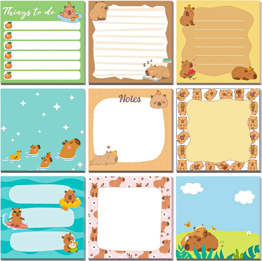 9 Pads Capybara Sticky Notes Cartoon Self Stick Notepads 3x3 Inches Notes Adhesive Memo Pad Office Decor Gifts for Students School Teacher Office Meeting