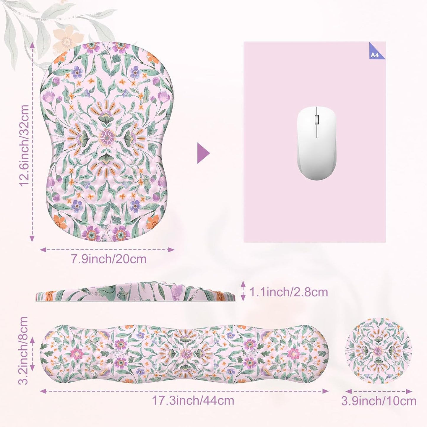 HAOCOO Mouse Pad with Wrist Rest Set, 3-in-1 Wrist Support Set, Floral Gaming Mousepad with Anti-Slip Base, Ergonomic Mouse Pad, Memory Foam Keyboard Gel Wrist Rest(Purple)