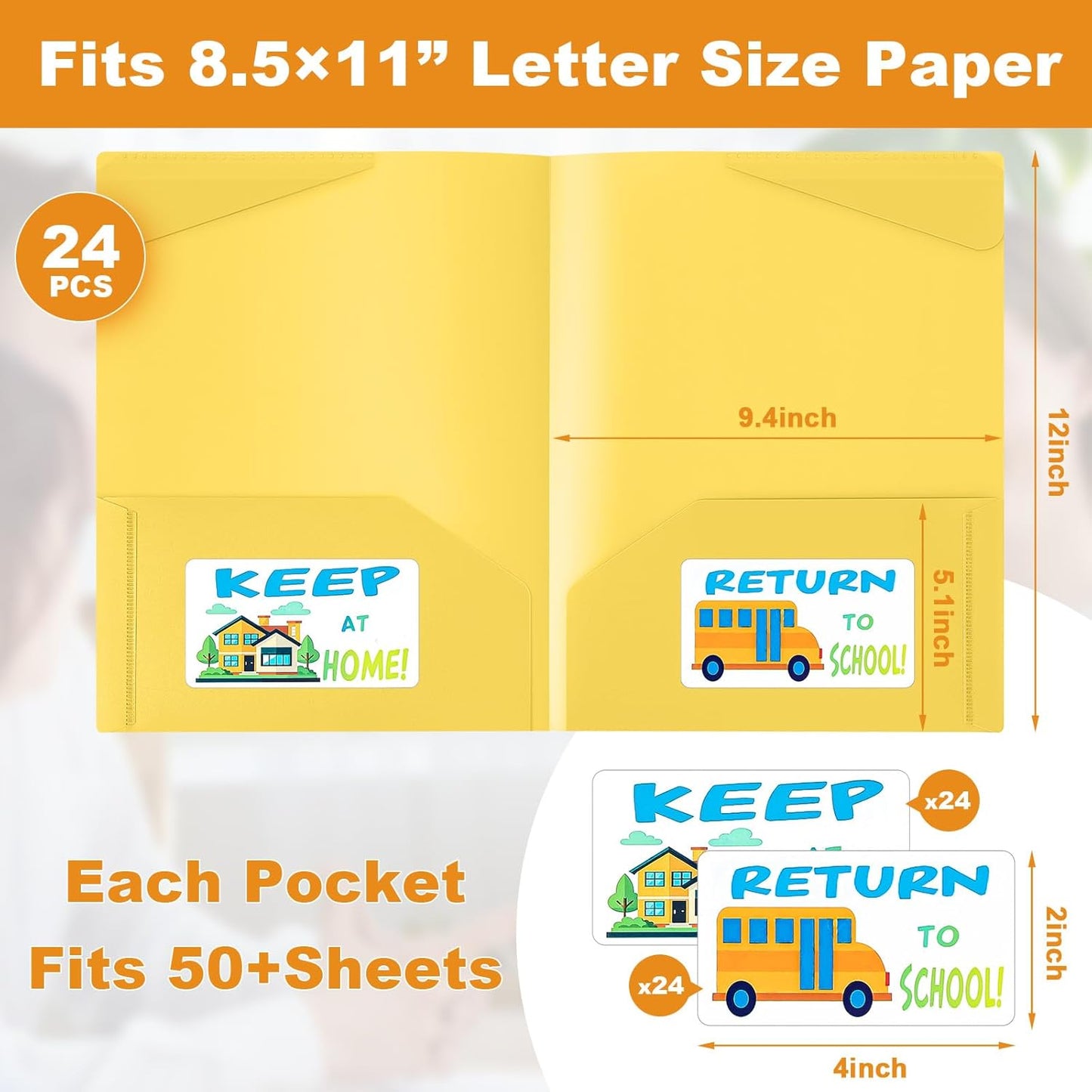 Henoyso 24 Set Parent Teacher Communication Folder with Clear Front Pocket Take Home Heavy Duty 2 Pocket Homework Folder for Student with School and Home Stickers, 12 x 9.45 Inch(Yellow)