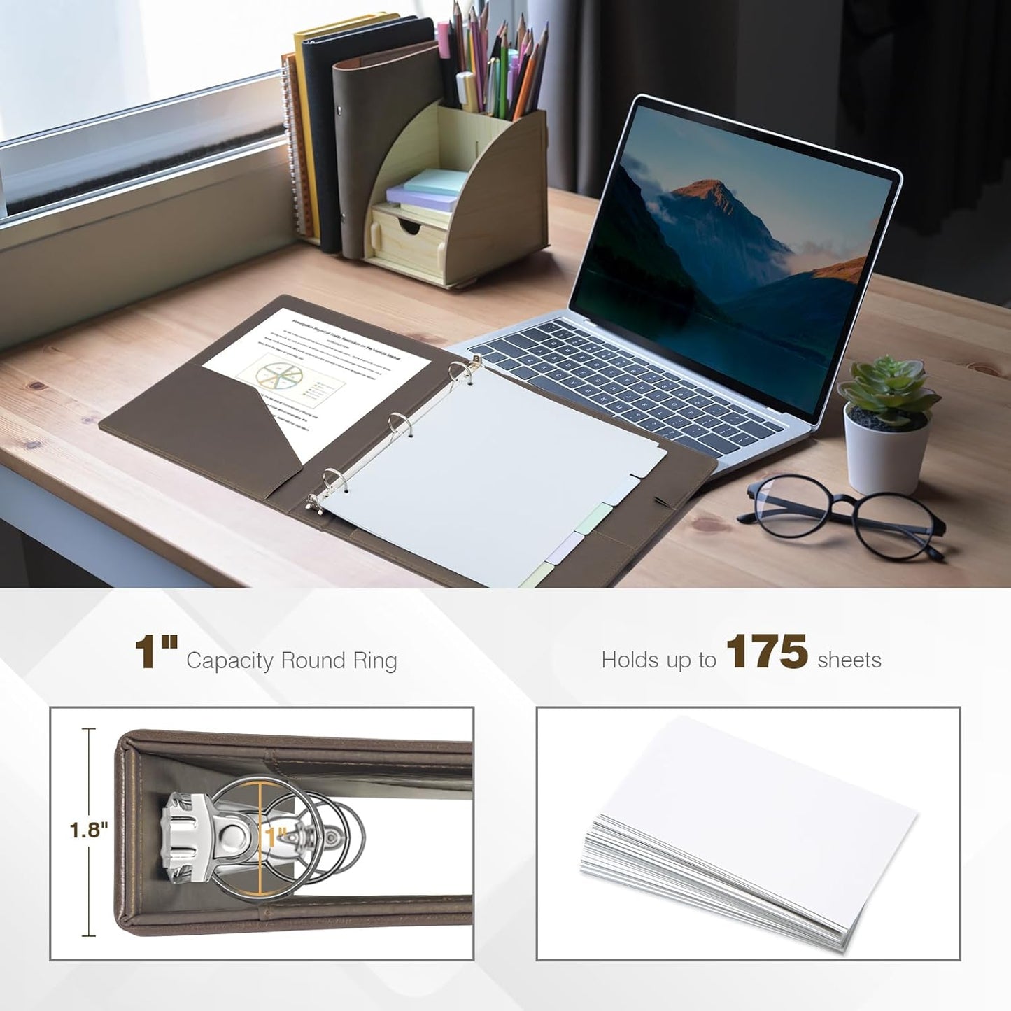 Ospelelf 1 Inch 3 Ring Binder Vintage Hardcover, Leather Clipboard Organizer for Letter Size, Professional Binder with Dividers and Tabs, Brown