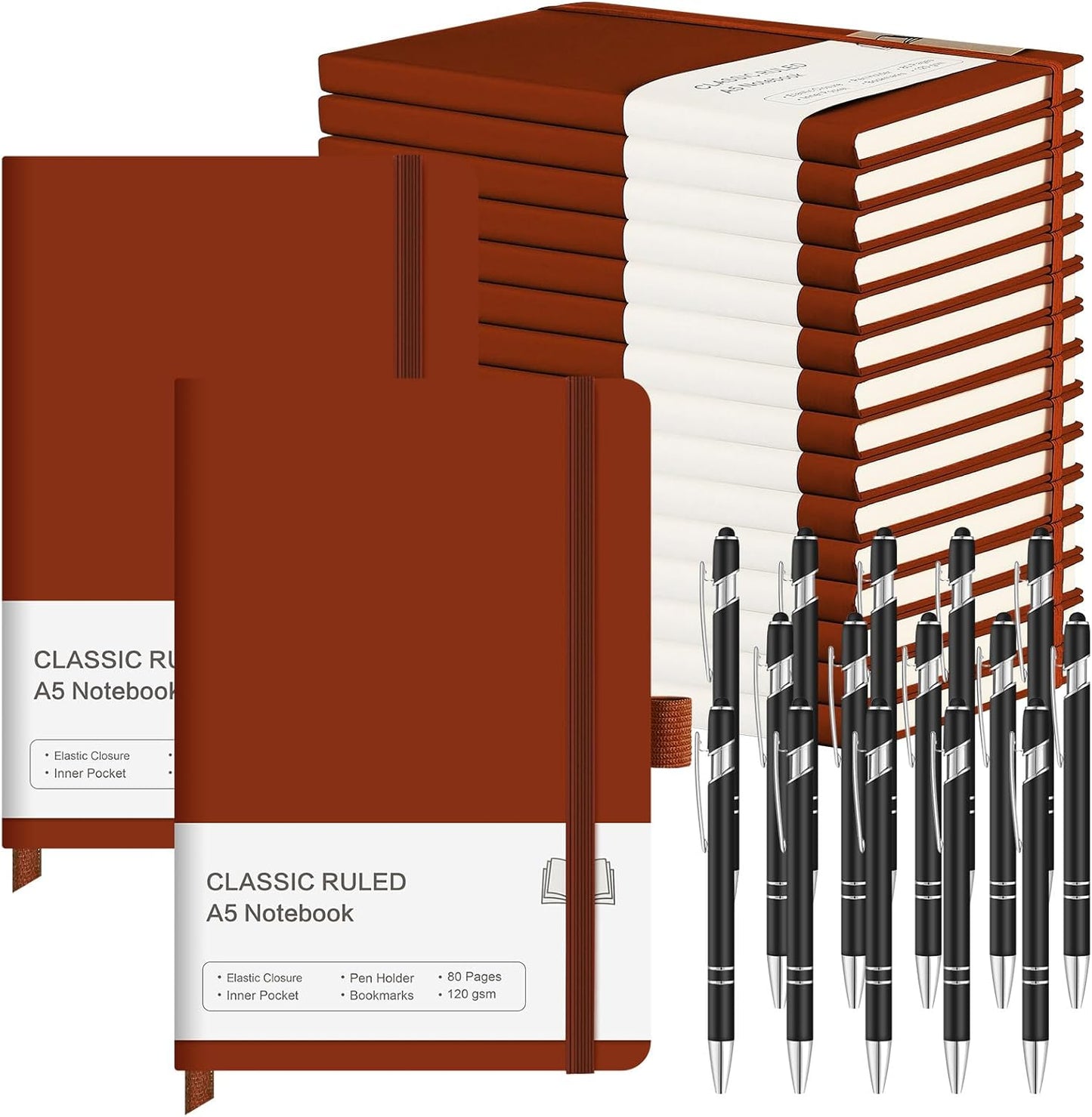 15 Pack Journal Notebook Bulk A5 Hardcover Notebook Classic Journal Set with Pen Holder with 15 Pcs Pens for School Business Work Travel Writing (Brown)