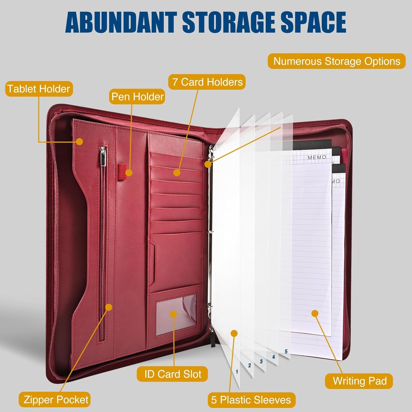 Padfolio Portfolio Folder Binder-Organizer Planner Notebook Zippered Portfolio Padfolio for Women & Men with Document Sleeve,Letter/A4 Size Clipboard,Business Card Holders (Burgundy-3)