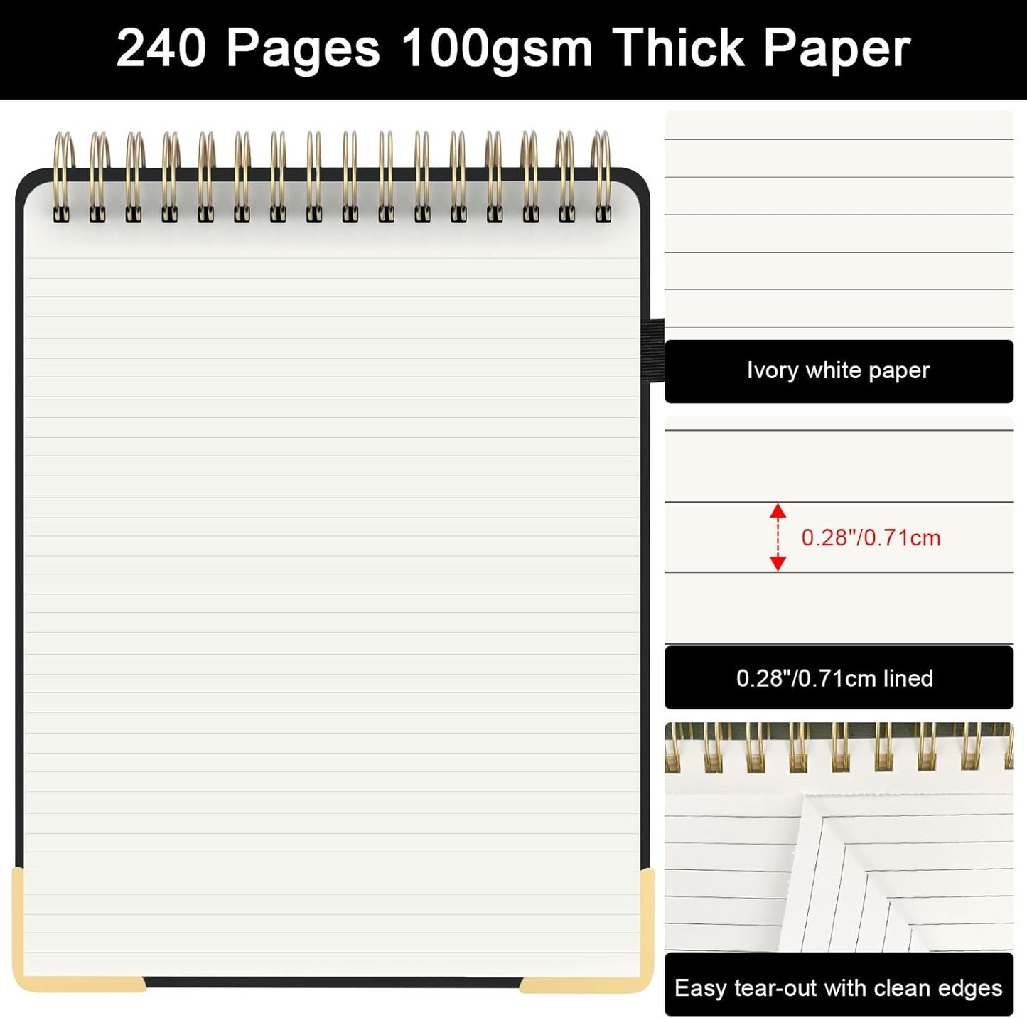 Aesthetic Top Spiral Notebook, A4 Large Linen Hardcover Top Bound Steno Pads, 240 Pages 100gsm Thick Lined Paper Left Handed Notebook Journal for Work, School, Church Writing - Black, 8.5" x 11"