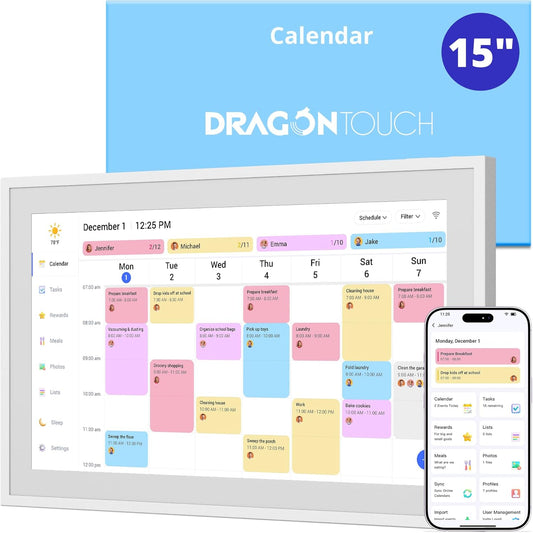 Dragon Touch 15.6" Digital Calendar Chore Chart – 1080P Full HD Interactive Touchscreen, Smart Family Planner, Hearth Display Digital Calendar Wall & Desk Mountable for Seamless Scheduling