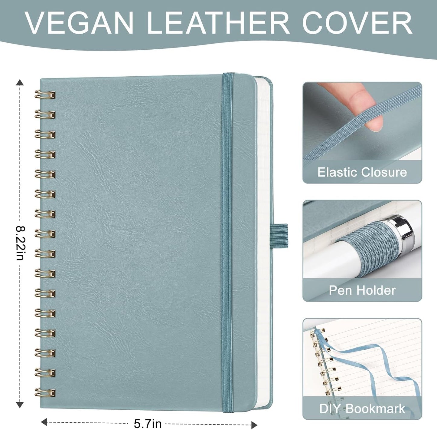 AHGXG Lined Spiral journaling notebooks With Numbered Pages, Hardcover Leather College Ruled Notebook 5.7" x 8.3" A5, light ivory Paper, Notebooks for School Work, Journals for Women,GrayBlue