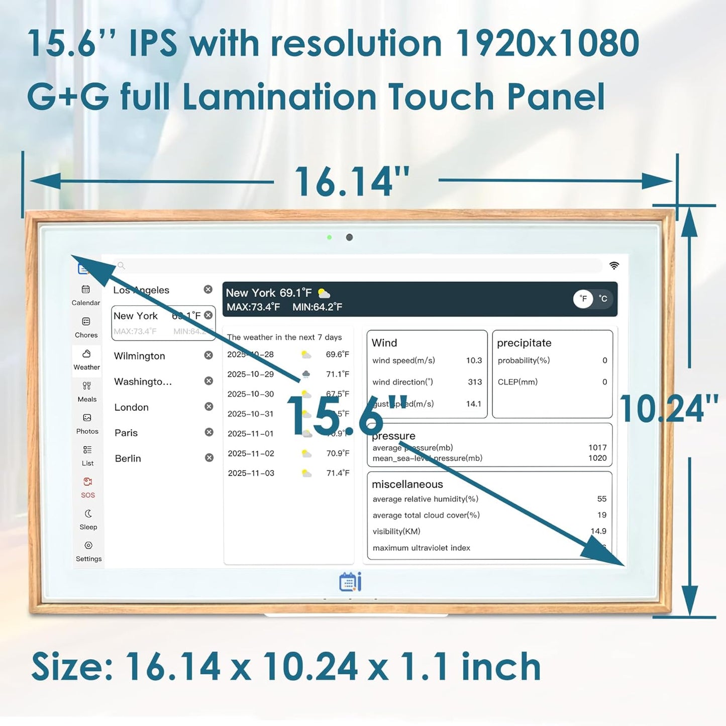 USIN 15.6 inch Wooden Digital Calendar, Wall Touch Screen Home Organizor, Family Chore Charts and Meal Planner, Interactive Display schedule, Desk and Wall Mounted, Electronic Calendars with Free App
