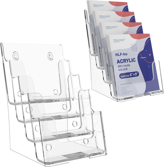 Brochure Holder 6x9 Inch 4 Tier Acrylic Literature Holders Clear Plastic Flyer Display Stand Countertop Use or Wall Mount Pamphlet Holder Organizer for Office, Lobby, Hotel, Trade Show, 2 Pack