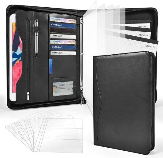 3-Ring Padfolio Portfolio Binder Organizer,PU Leather Folder Binder Business Planner Notebook Zippered Portfolio for Women/Men with Document Sleeve,Letter/A4 Size Clipboard