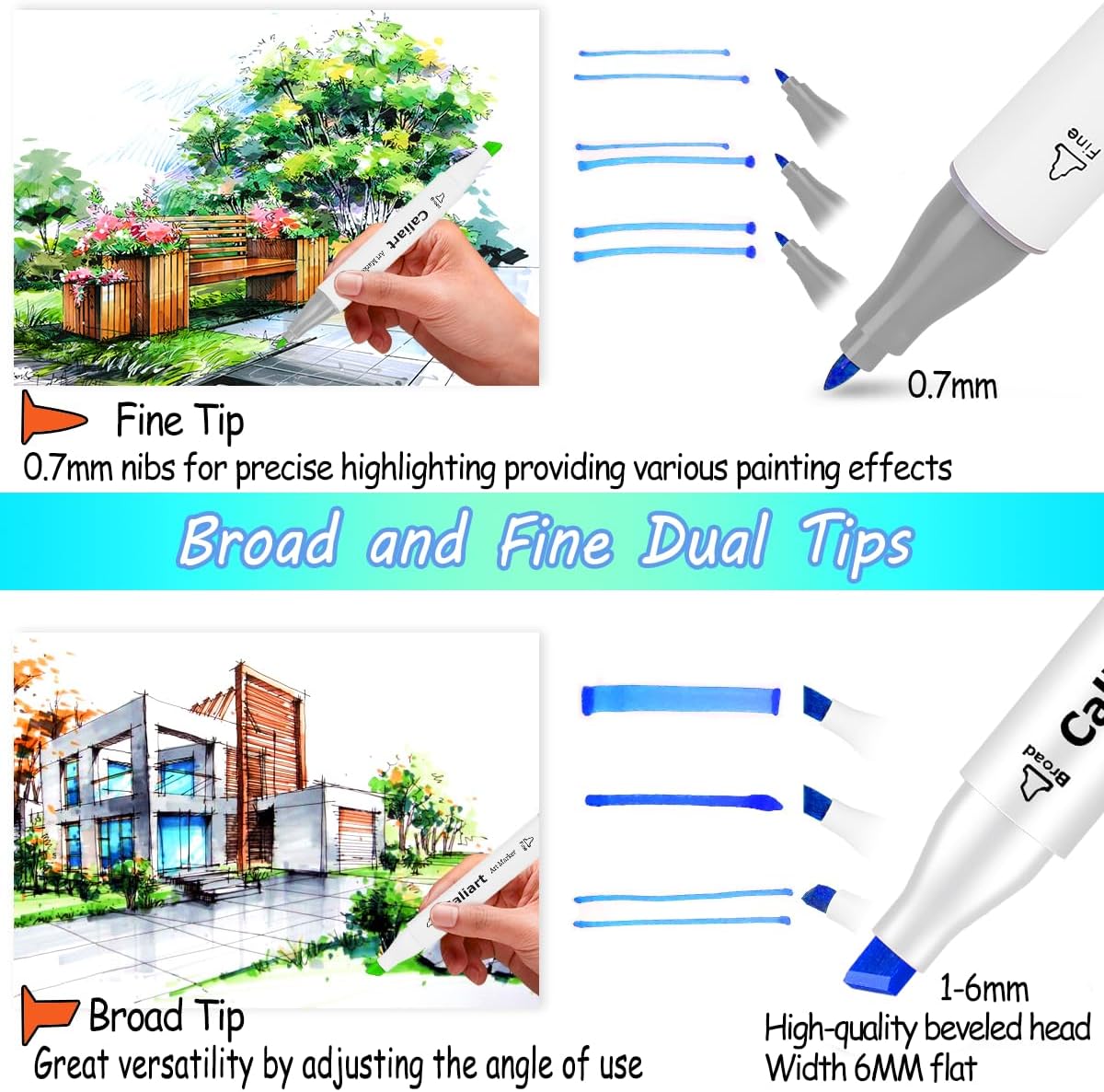 Caliart Art Markers, 41 Colors Alcohol Based Markers Pen Set Colored Dual Tip Fine & Chisel Permanent for Adults Coloring Book Drawing Illustration Sketch Highlighters Card Making