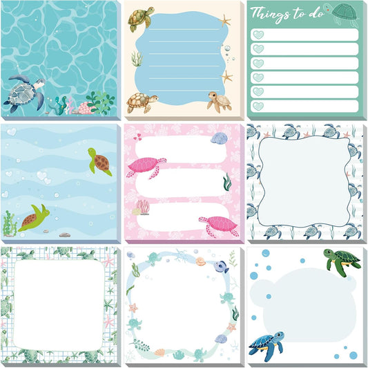 9 Pads Turtle Sticky Notes 3x3 Inch Cute Self Stick Notepads Notes Adhesive Memo Pad Office Decor Gifts for Students School Teacher Meeting Office Supplies