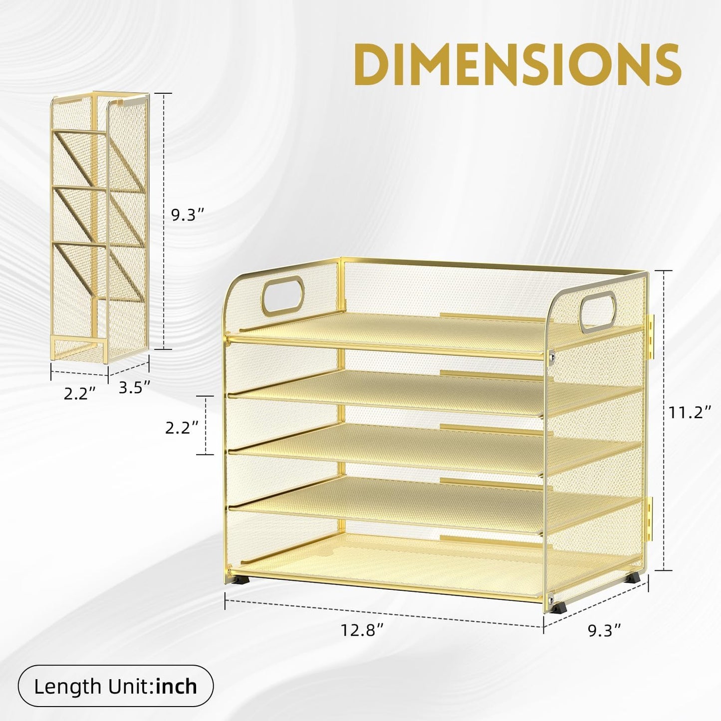 SUPEASY 5 Tier Desk Organizer with Handle & Removable Pen Holders, Mesh Paper/File Organizer for Desk, Paper Letter Tray Organizer for Office Supplies, Gold
