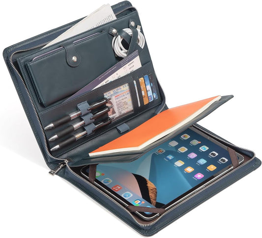 Augus Genuine Leather Portfolio with Zipper for Men/Women, Padfolio Business Resume A4/Pad, Folder Organizer, with Document Pocket, ID Window, Card Slots, Pen Holders (Royal Blue)