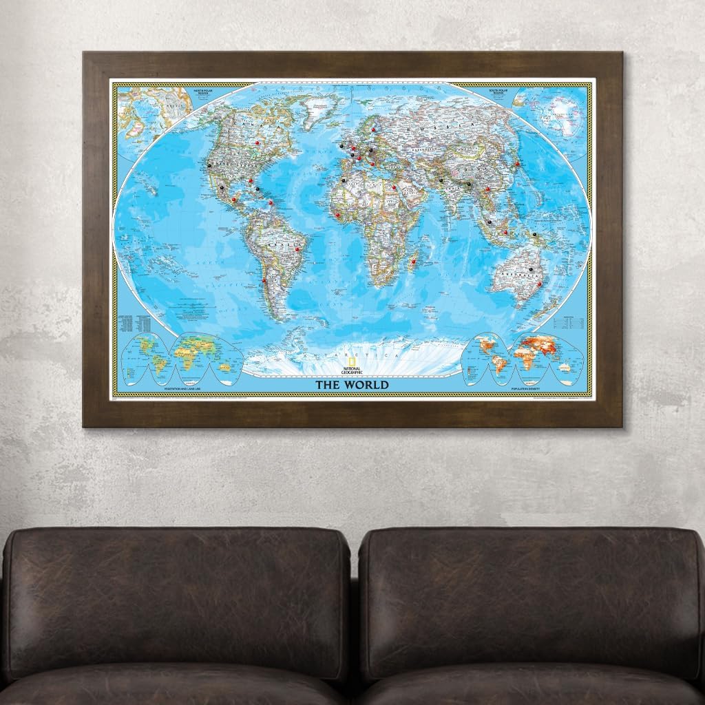Canvas Classic World Map Pin Board – Framed Travel Map with Pins for Wall – Personalized Push Pin World Map for Tracking Journeys – 27.5" x 39.5" Rustic Brown Frame