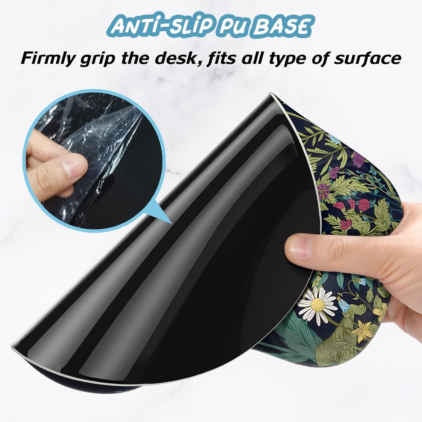 Hsurbtra Ergonomic Mouse Pad with Wrist Rest Support, Gel Mouse Pads with Non-Slip PU Base, Pain Relief Memory Foam Computer Mat, Cute Office Supplies Desk Decro Accessories, Black Flower