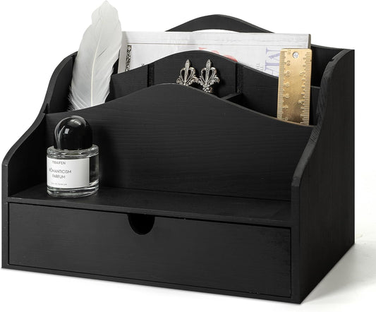 Rebee Vision Pine Wooden Mail Organizer for Desk - Modern Farmhouse Desk Organizer with Drawer & Dividers - 4-Slot Letter Sorter for Mail & Small Essentials - Office Organizer for Home Decor (Black)