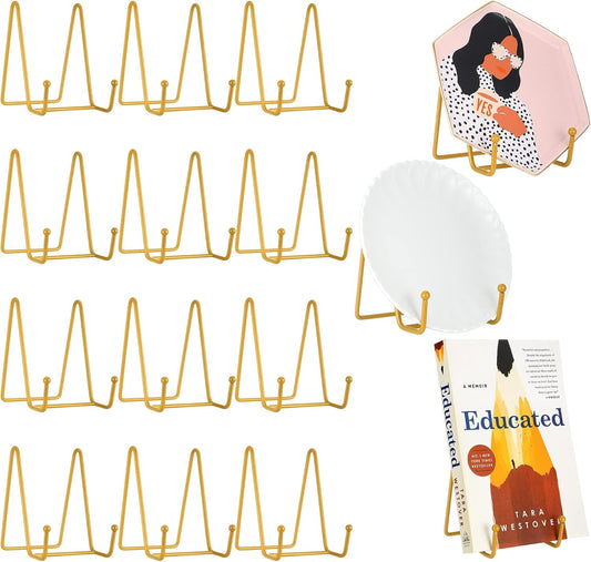 Mixweer 12 Pcs Book Stands for Display Metal Picture Frame Stand Book Plate Picture Holder Easels Photo Holder for Decorative Display(4.3 Inch,Gold)