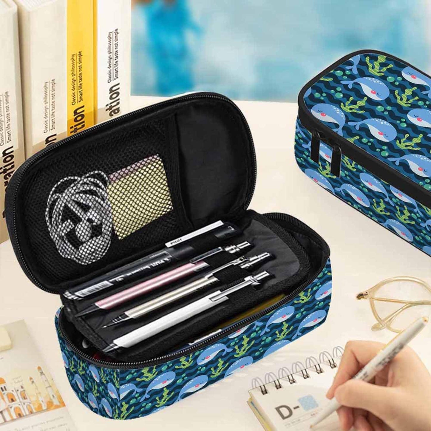 Cartoon Whale Pen Organizer Bag Funny Cute Animal Coral Plant Marine Watercolor Pencils Case Stationery Organizer for Girl Boy