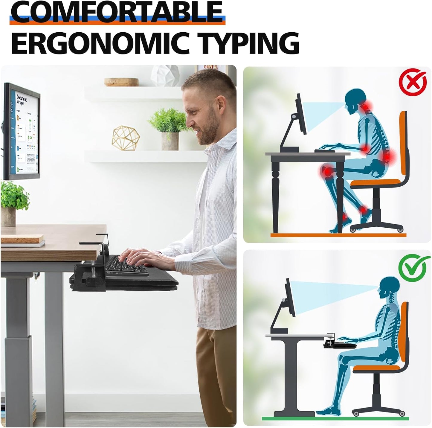 Large Keyboard Tray Under Desk Slide Out with Sturdy C-Clamp Mount and Storage Drawer, 27" (31" Including Clamps) x 12" Ergonomic Keyboard Trays for Home and Office, Black