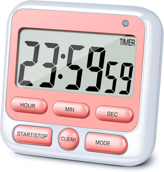 KTKUDY Digital Kitchen Timer with Mute/Loud Alarm Switch ON/Off Switch, 12-Hour Clock & Alarm, Memory Function Count Up & Count Down for Kids Teachers Cooking, Large LCD Display, Strong Magnet (Pink)