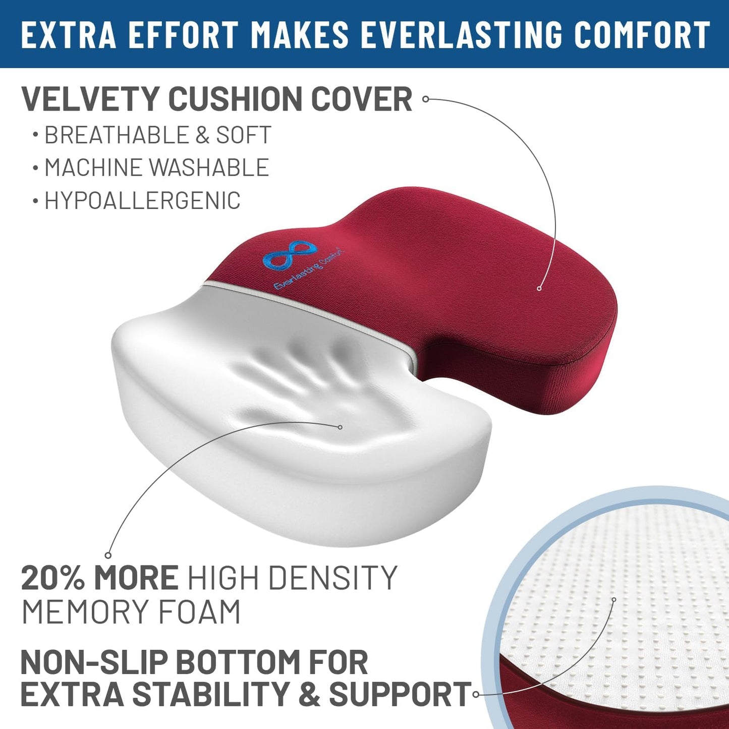 Everlasting Comfort Doctor Recommended Memory Foam Seat Cushion for Office Chairs & Car - Ergonomic Office Desk Accessories - Cushions for Tailbone Pain Relief, Sciatica (Red, Large)