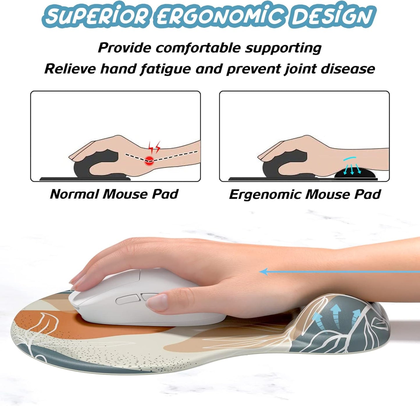 Hsurbtra Ergonomic Mouse Pad with Wrist Rest Support, Gel Mouse Pads with Non-Slip PU Base, Pain Relief Memory Foam Computer Mat, Cute Office Supplies Desk Decro Accessories, White Line