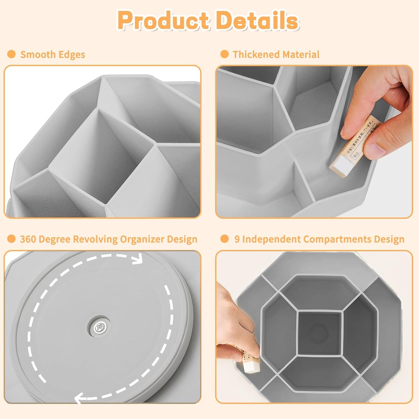 Pencil Pen Holder for Desk,9 Slots 360 Degree Rotating Desk Organizers,Desktop Storage Stationery Supplies Organizer, Cute Pencil Cup Pot For Office, School, Home(Grey)