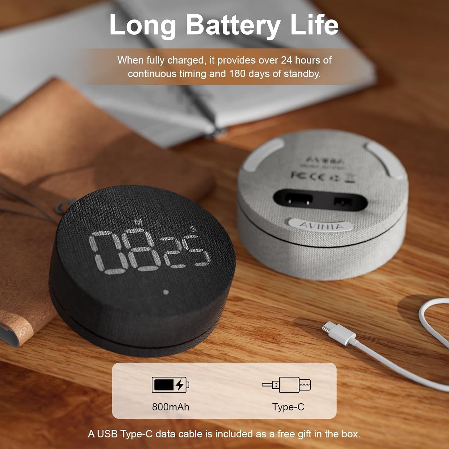 AVINIA Desk Timer for Productivity Magnetic Digital Kitchen Timer Rechargeable Fabric Mesh Cover 99 Mins Countdown/Count Up Stylish Efficana Konah Home Timmer for Cooking (Fabric Gray)