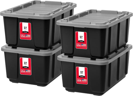 IRIS USA 4-Pack 27 Gallon Storage Bins with Lids |Made in USA| Heavy Duty Plastic Tote Containers for Truckbed Tool Box Organization, Large - Gray