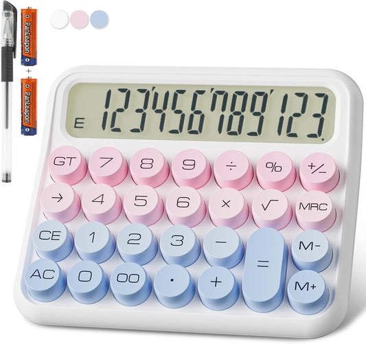DECKLIT Battery Desk Calculator - 12 Digit Extra Large 5-Inch LCD Display, Big Buttons Easy to Press Office Calculators, 15 Tilt Screen for Kids (Blue & Pink)